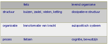 	fiets	levend organisme
structuur
	buizen, zadel, wielen, ketting	dissipatieve structuur
organisatie
	transformatie van kracht	autopoëtisch systeem
proces	fietsen	cognitie, bewustzijn

